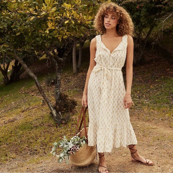 Doen Dresses & Skirts - Doen Hilde midi dress cream sunflower block print square neck organic cotton XL